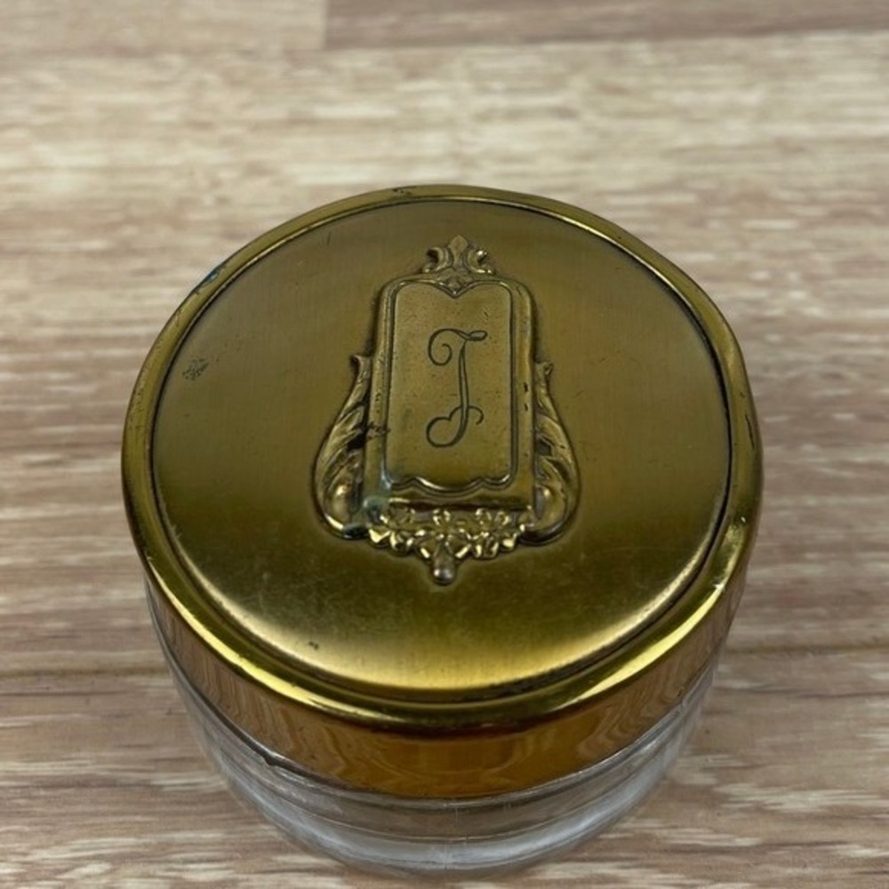 Antique Glass Vanity Jar Brass Monogram L Crest Lid Round Clear Trinket Pot